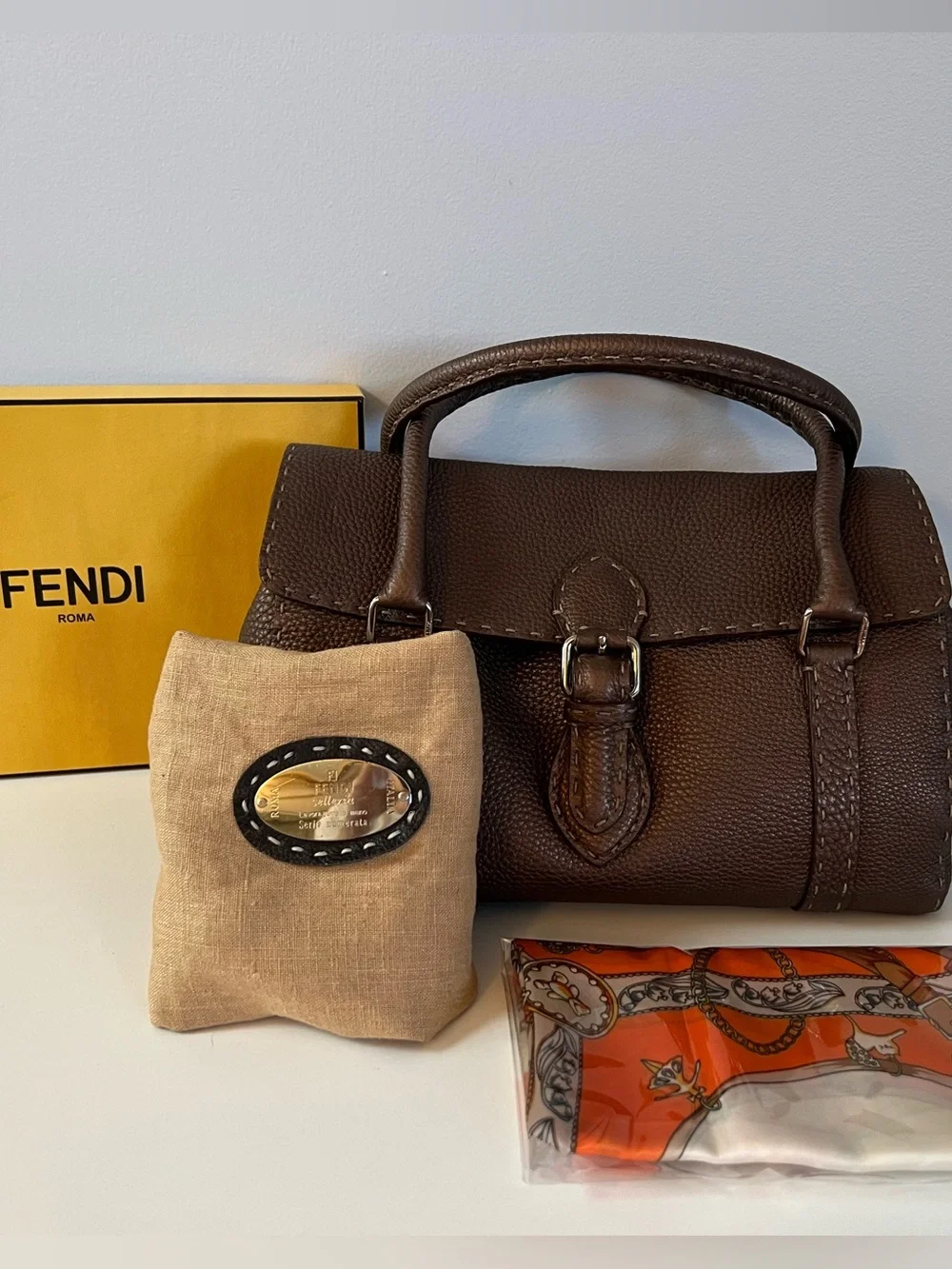 Vintage FENDI Selleria Linda Medium Handbag, Dark Chocolate Color